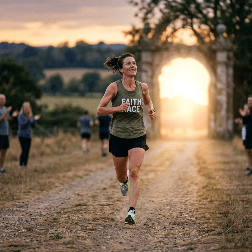 Woman running on dirt path with stone arch and sunset in background