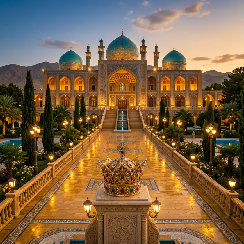 Persian palace with blue domes and illuminated arches at sunset