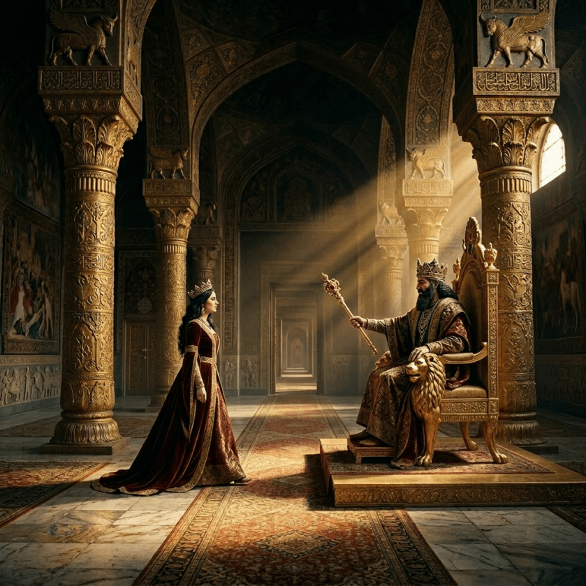 King seated on an ornate throne extending a jeweled scepter to a queen in a grand palace hall with golden columns and courtiers.