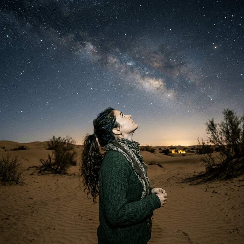 Woman looking up at the Milky Way in a desert at night