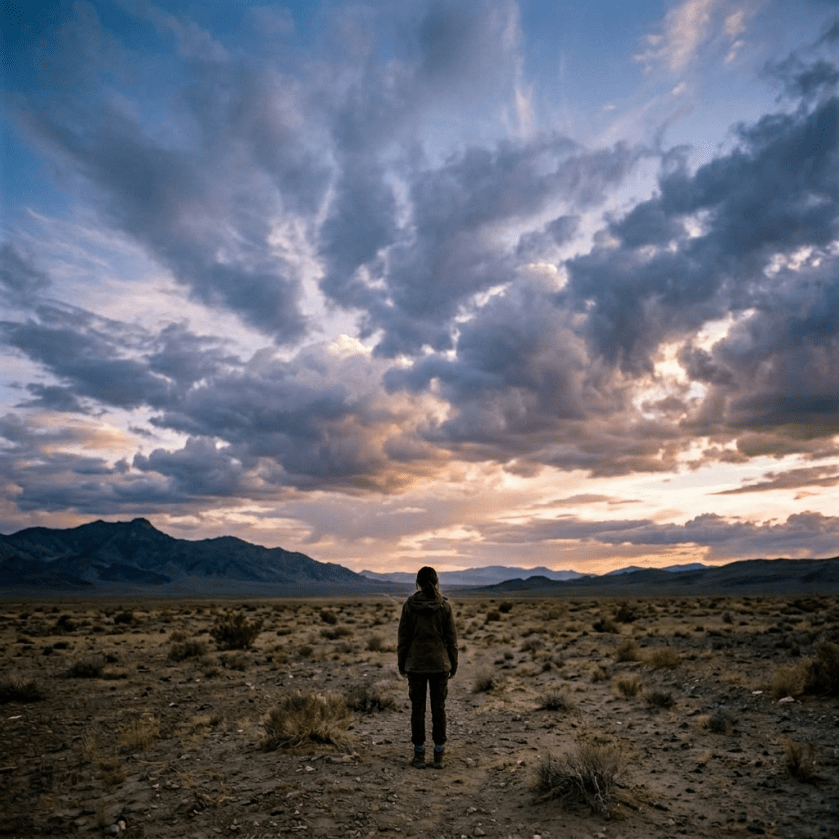 Person standing beside signpost on dirt road in desert at sunset