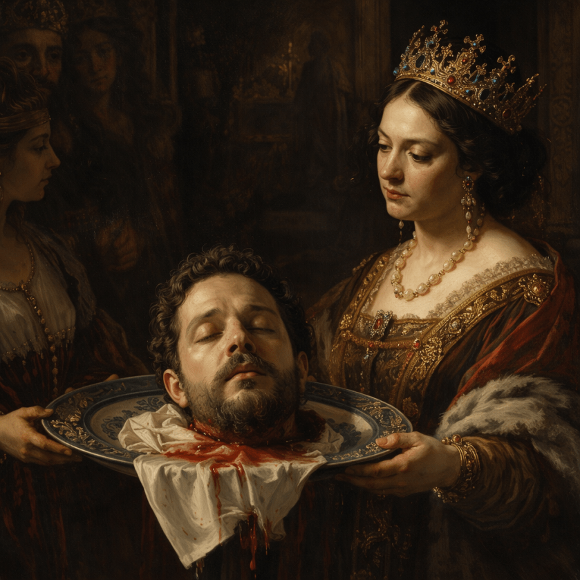 A crowned woman holds a plate with a bleeding severed man's head with closed eyes.