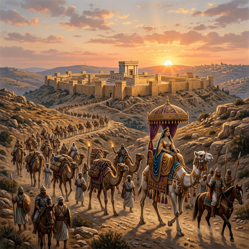 Royal procession with queen on decorated camel heading towards ancient fortress at sunset