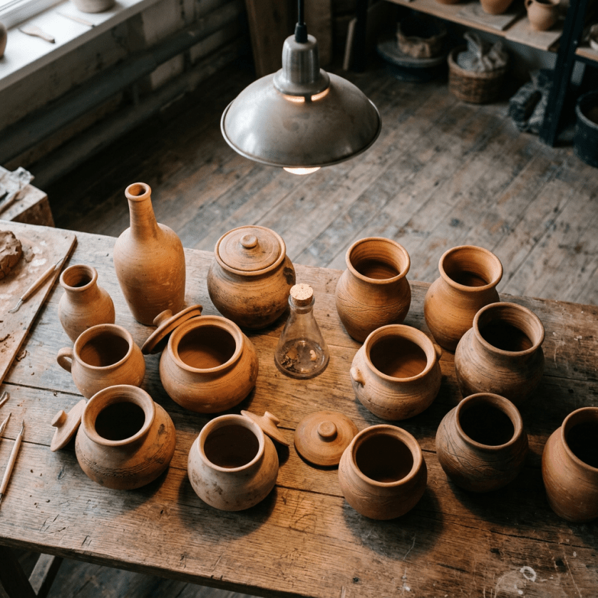 Handmade clay pots and jars on a rustic wooden table in a pottery studio
