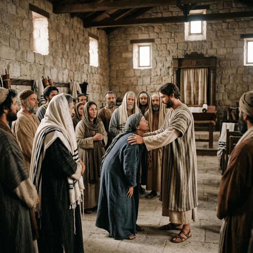 Biblical synagogue, Jesus healing bent woman