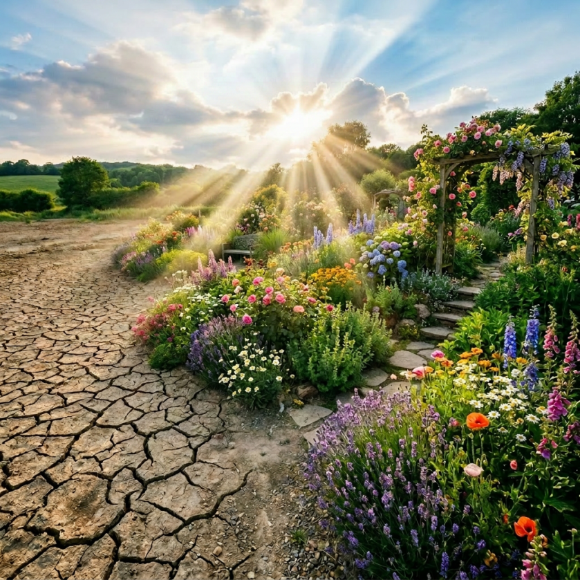 Flower garden with colorful blooms next to dry, cracked earth under sun rays