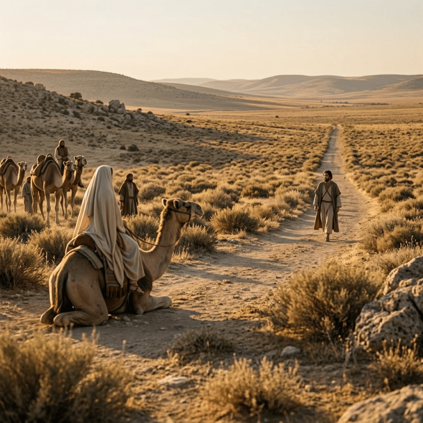 A woman in traditional robes getting on a camel as a man approaches in a desert landscape