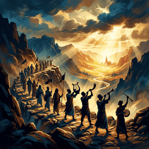 Pilgrims and musicians crossing a mountain path toward a distant chapel